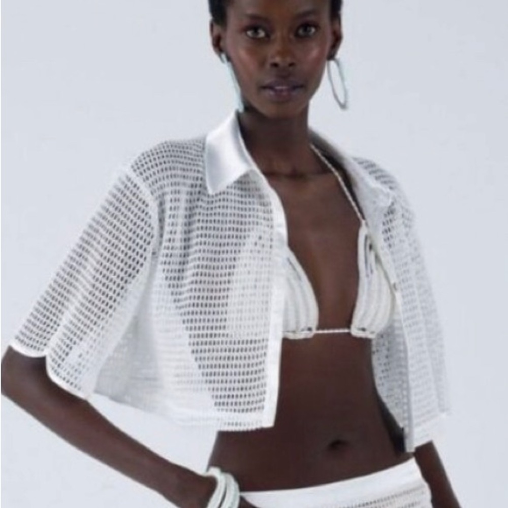 NWT My Beachy Side Camelia Crochet Button Front Crop Top White, large
